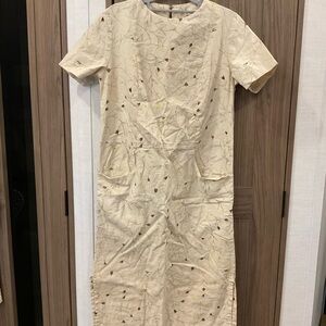 Gloria Ivey Womens Hand Made Tan Floral Short Sleeve Long Dress W/pockets Size 8